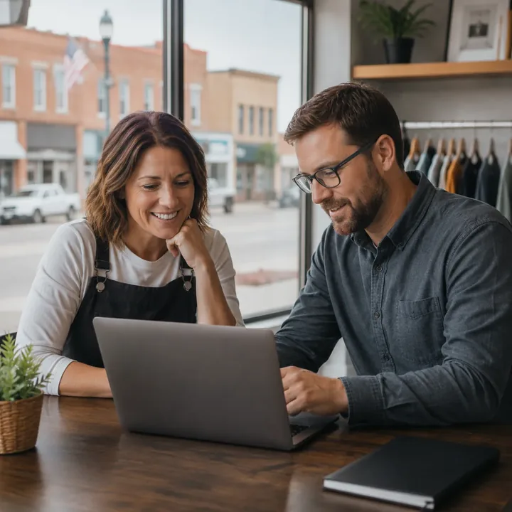 Web designer going over a new website with a Oak Hill, West Virginia shop owner on a laptop